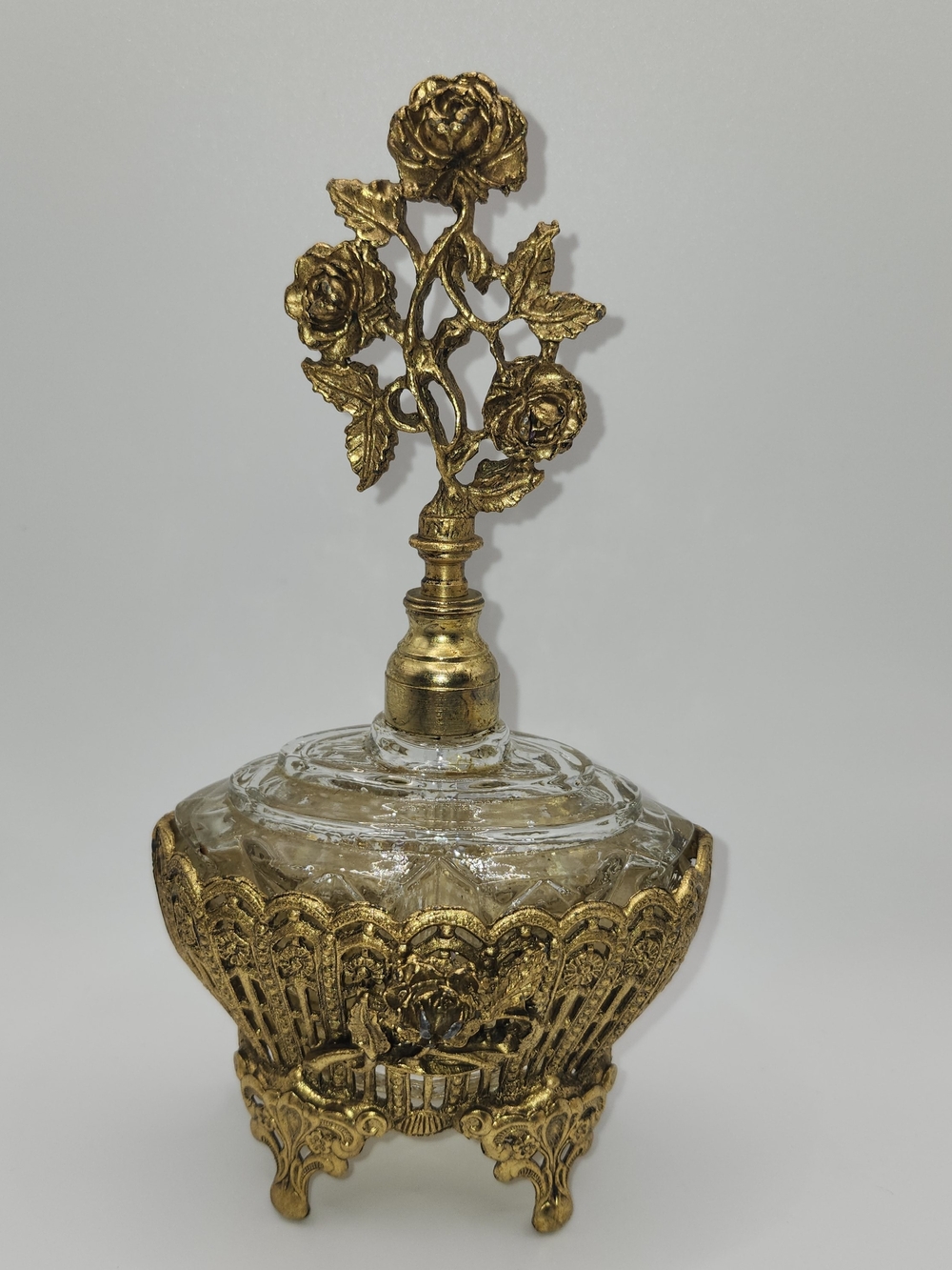 VTG Globe 24K Gold Plated Ormolu Perfume Bottle Filigree Rose Topper W/ Dauber